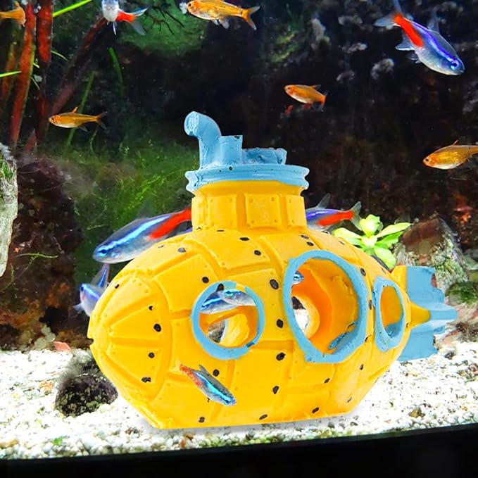Resin Hollow Submarine Fish Tank Decorations Aquarium Shrimp Hideout Aquarium Ornament Hiding Cave Shelter for Shrimp Betta Lizards Hideaway Decor (Submarine Yellow)