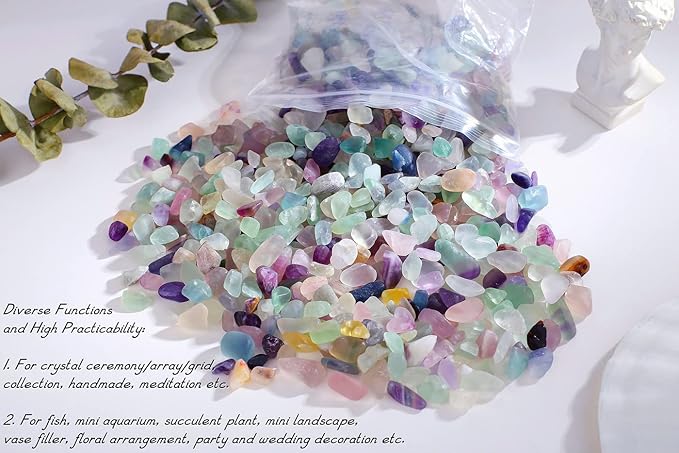 QINJIEJIE Fluorite Crystal Gravel Stones Tumbled Stone Polished Rocks Colorful Crushed Reiki Healing Quartz Home Decoration Aquarium Tank Succulent Vase Filler Landscape Bottom Ornament 0.88lbs 14oz