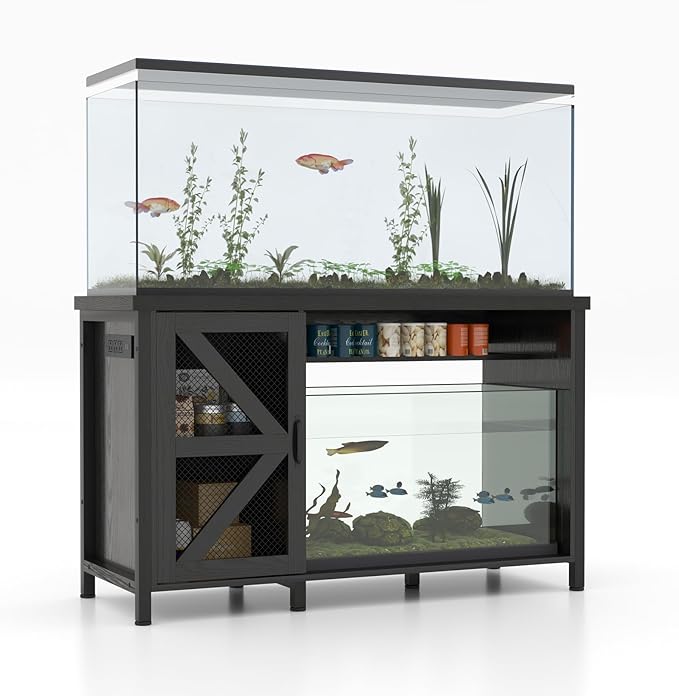 OC Orange-Casual 55-75 Gallon Aquarium Stand with LED Lighting & Power Outlets - Heavy Duty Metal Fish Tank Cabinet with Adjustable Shelves, 1000LB Capacity, Black