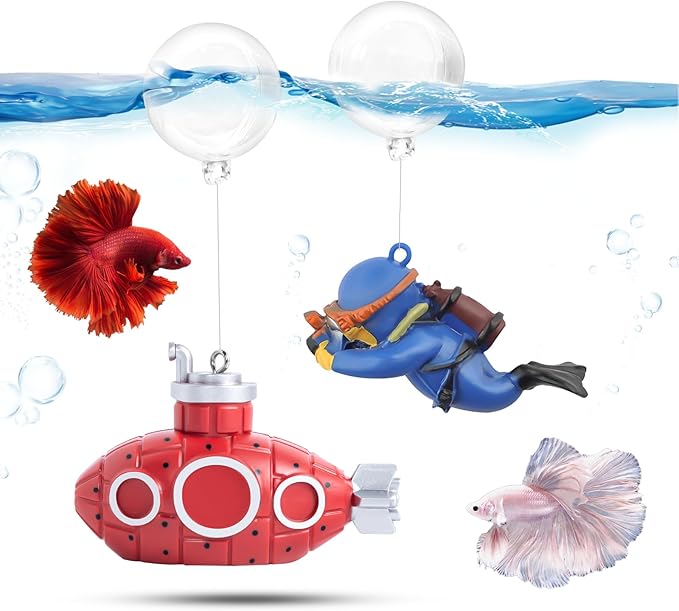 CousDUoBe 2.1 in Mini Floating Submarine Fish Tank Decoration Set，Cute Retro Submarine Set and Floating Diver,Aquarium Decorations Resinous Betta Fish Tank Accessories