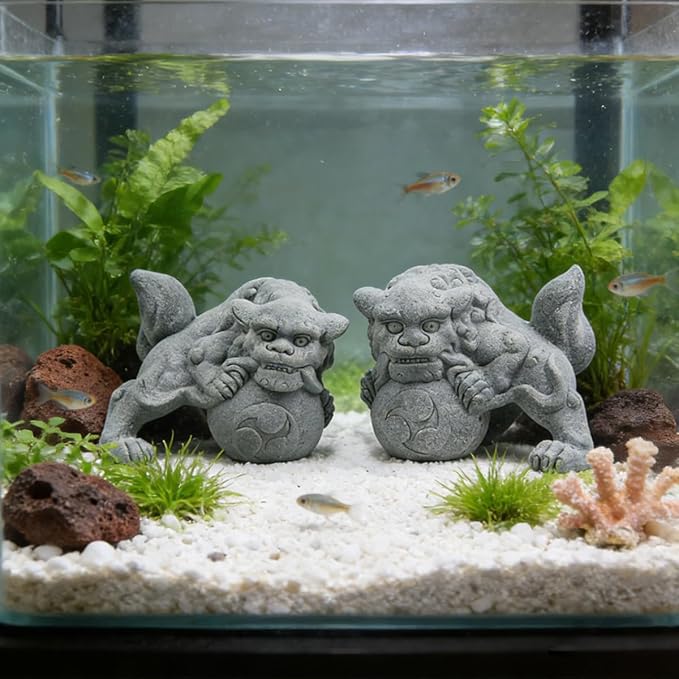 livelyfish Aquarium Fu Foo Dogs Statue Decorations A Pair of Asian Sandstone Lion Figures Sculpture for Fish Tanks Garden Bonsai Decor Gifts,E