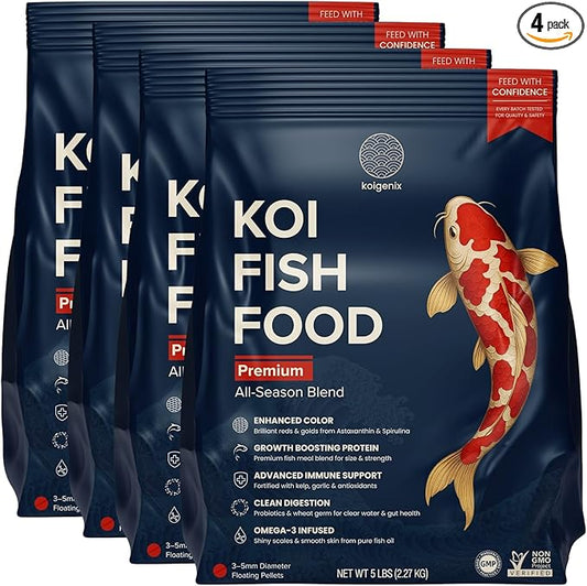4 Pack Koi Fish Food (5lb) - Growth & Color Formula, High Protein Floating Pellets with Spirulina, Krill & Probiotics, Easy to Digest, Cleaner Water, All Season - for Koi, Goldfish & Pond Fish