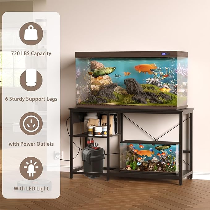 Beuruku 55-75 Gallon Fish Tank Stand with Power Outlet & LED Light, Metal Aquarium Stand with 3 Tier Adjustable Storage Shelves, for Reptile & Turtle Tank, 52" L*19.5" W, Black