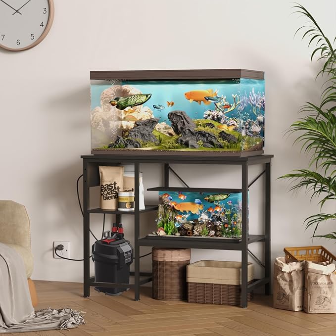 BEURUKU 40-50 Gallon Fish Tank Stand with Power Outlet & LED Light, Metal Aquarium Stand with 3 Tier Adjustable Storage Shelves, Tank Stand for Reptile Tank, Turtle Tank, 36" L*18.5" W, Black