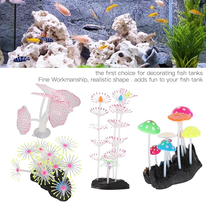 BEIJIALY 5Pcs Aquarium Ornament Glowing Silicone Simulation Aquarium Mushroom Coral Decoration for Fish Tank Aquarium, Silicon Glow Aquarium Plants Ornaments Kit