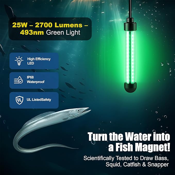 Underwater Fishing Light, 25W 2700LM Green Fishing Light, IP68 High Efficiency LED Fish Attractor Lamp, UL Certified 32.8ft Cable, Waterproof Submersible Lamp for Boat, Dock, Kayaks