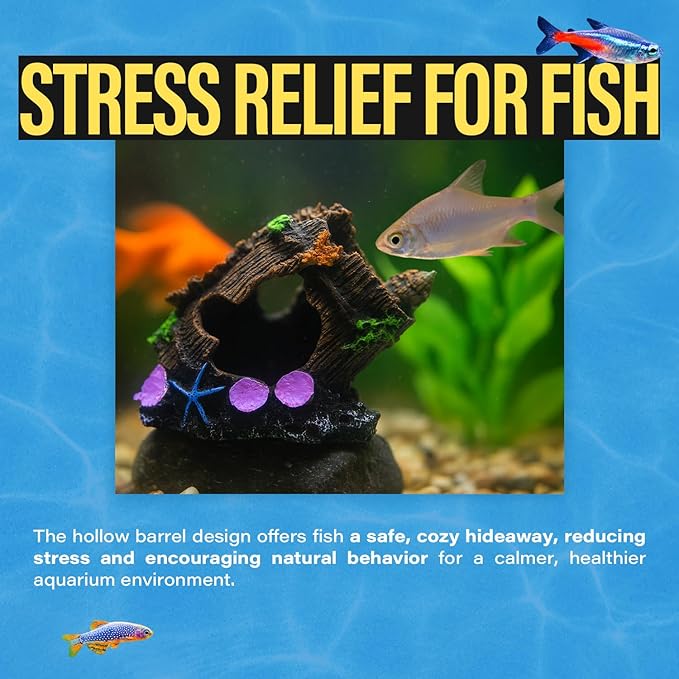 Colorful Resin Fish Tank Ornament with Multiple Hiding Spots, Safe Shelter for Small and Medium Aquariums, Stress-Relief Underwater Decor, Easy to Clean (Oak Barrel)