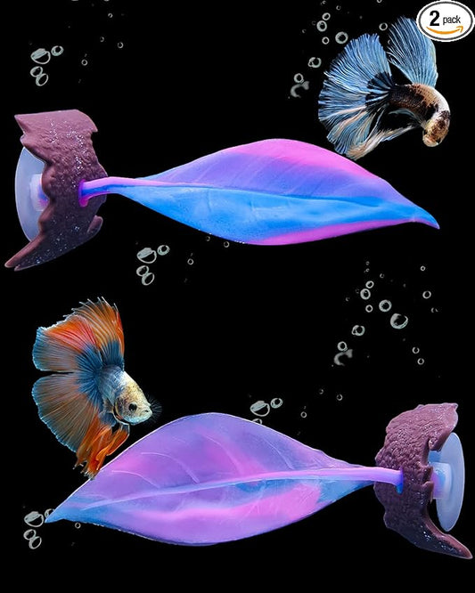Uniclife Betta Leaf Hammock Soft Aquarium Rest Bed Fish Breeding Playing Pad with Suction Cup and Lifelike Bark Ornament Colorful Silicone Decoration for Fish Tank Landscape, 2 Pack