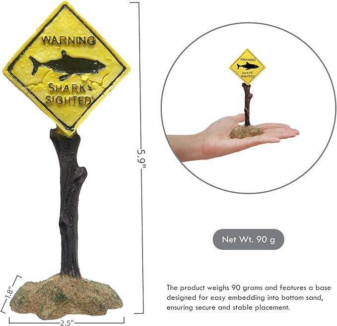 Shark Warning Sign Aquarium Decor – Realistic Resin Caution Ornament with Weighted Base for Fish Tank & Ocean Theme Tanks