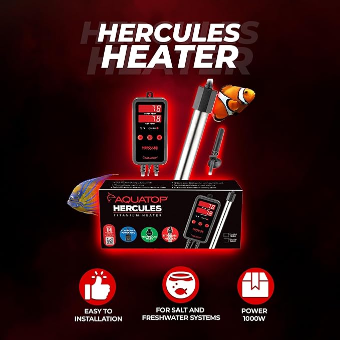 Aquatop Hercules 1,000W Titanium Heater with Digital Controller – for 300-Gallon Tanks – Adjustable Temperature – for Fresh & Saltwater Aquariums
