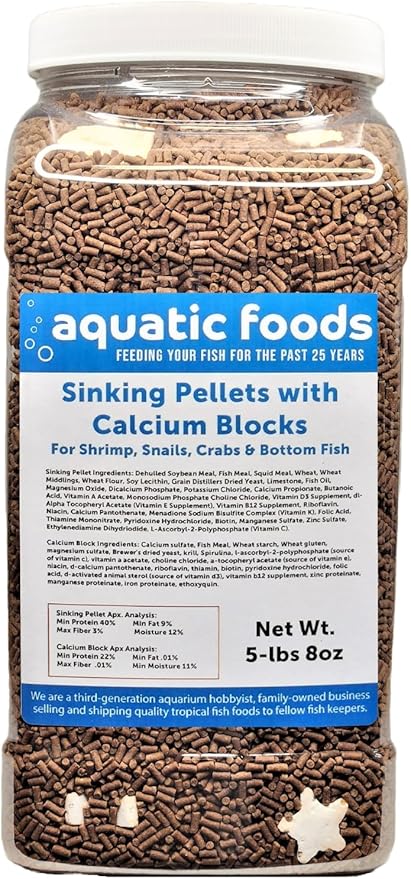 Calcium Blocks Included with Sinking Shrimp Pellets 40% Protein, 1/16" x 3/8" Pellets for Shrimp, Snails, Crabs, Catfish, Plecos, All Tropical Fish, Zeigler…5-lb 8oz Lg Jar