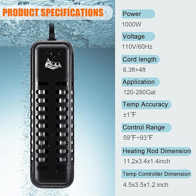 AQQA 1000W Submersible Aquarium Heater for Fish Tank Betta Digital Thermostat Pond Heater with External Controller Temp Range 59-93 ℉ for Freshwater and Saltwater (1000W for 120-280 Gallon Tank)