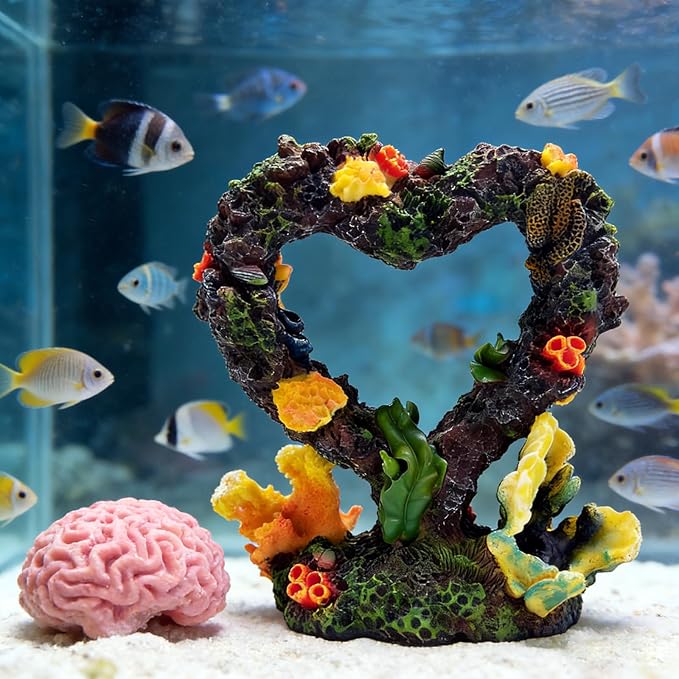 Heart Shaped Aquarium Coral Ornament, Resin Fish Tank Decoration with Realistic Coral & Moss, Safe for Freshwater/Saltwater Aquariums, Aquascaping Hideout for Small Fish and Shrimp