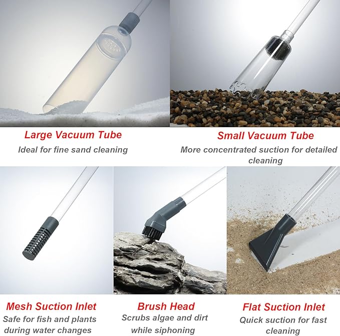 Aquarium Siphon Vacuum Cleaner Kit with Dual Vacuum Tubes, Brush Head, Turkey Baster and Fish Net, Gravel & Sand Cleaner, Aquarium Gravel Vacuum for Water Change and Debris Removal