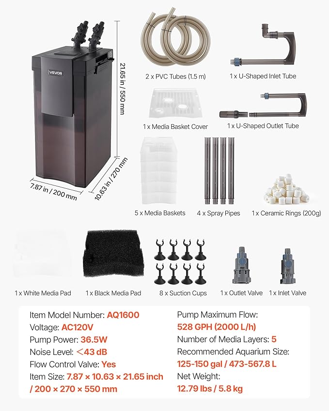 VEVOR 528GPH Canister Filter, 5-Stage External Aquarium Filter with Powerful Pump, Water Circulation Cleaning Machine with Media for Large Fish Tanks and Aquariums Up to 150 Gallons, for Freshwater