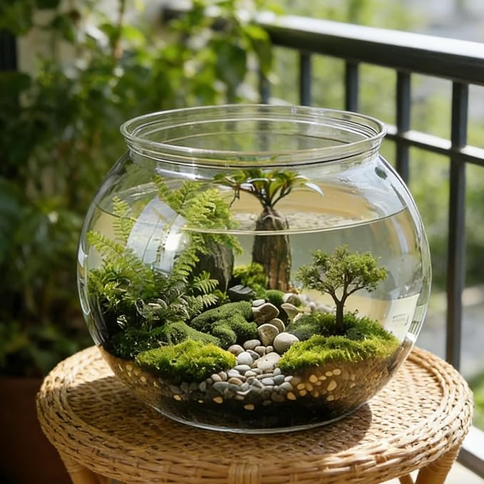 Plastic Goldfish Fish Bowl Drum Round Crystal Clear Aquarium Fish Tank Starter Kits with 1 Artificial Aquatic Plant and 1 Bag Mini Ornamental Stones (0.72Gallon/ 2.75L)