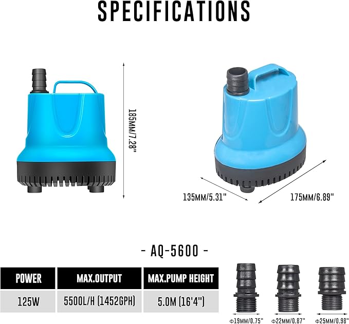 1452 GPH Bottom Feed Submersible Water Pump - Energy Efficient Low-Suction Aquarium, Pond, Fountain, Hydroponics Pump, 125W - 5 Pack