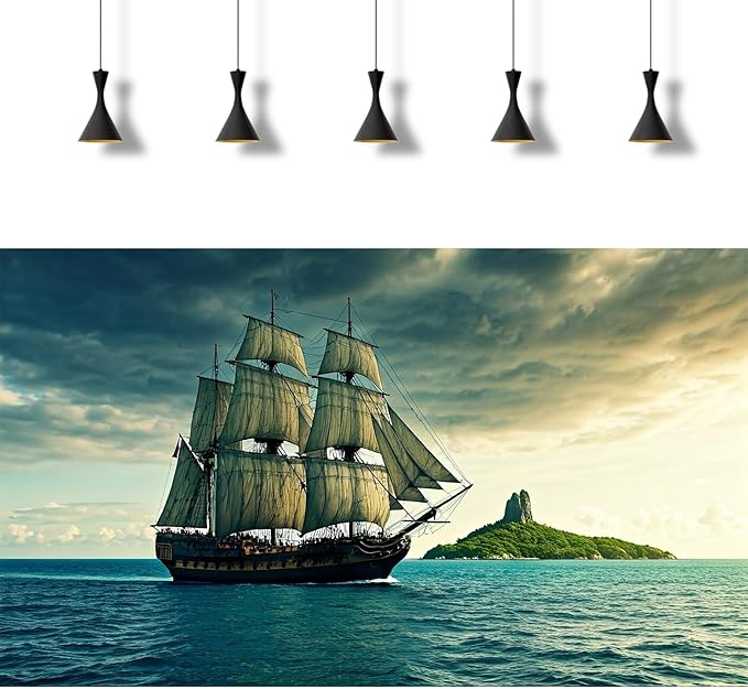 Black Pearl Pirate Ship Aquarium Background Steampunk Artistic Sailboat Caribbean Sea Fish Tank Background Tropical Island Menacing Clouds Seascape Terrarium Backgrounds for Tank Decors 30x12in