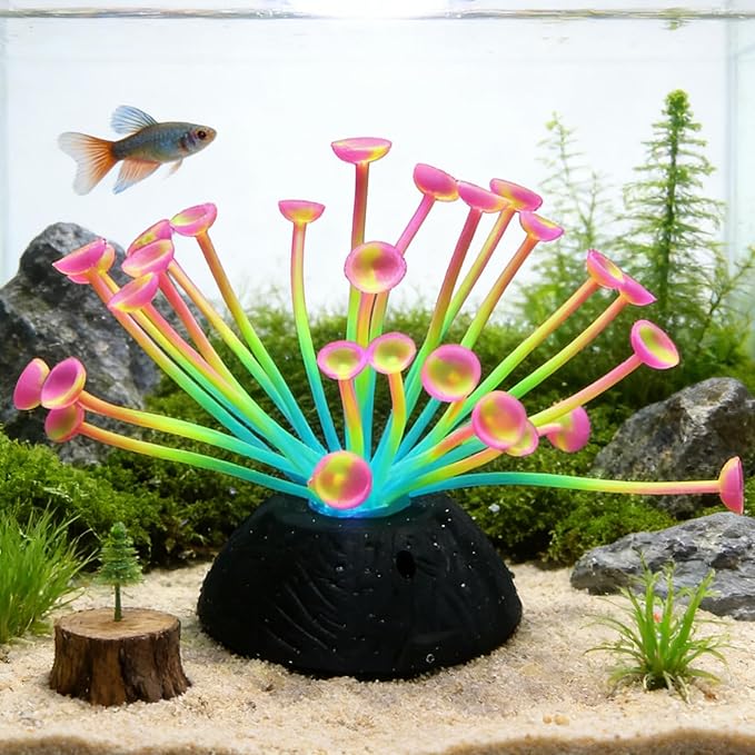 Suction Cup Anemone Aquarium Decor with Silicone Tentacles, Realistic Coral Reef Ornament for Saltwater and Freshwater Fish Tanks, Flexible Habitat for Shrimp, Invertebrates & Aquascaping (Red)