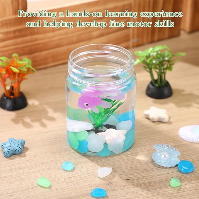 FoldTier 12 Set Fishbowl Craft Kit with Plastic Fish Bowl Floating Fake Goldfish Aquarium Plant Glow in The Dark Rock Seashell Mini Fish Tank Decoration Accessories for Party Supplies School Classroom