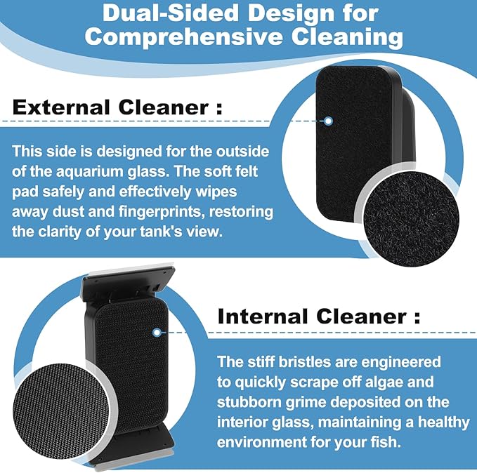 fishkeeper Magnetic Aquarium Glass Cleaner, Dual-Blades Algae Fish Tank Glass Cleaner Brush for 0.2-0.4 Inch Thick Glass Aquariums Tank, Self-Floating Scrubber Brush with 4 Detachable Scraper