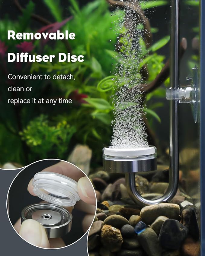 Pawfly Aquarium CO2 Diffuser, Aquarium Stainless Steel CO2 Diffuser with Built-in Check Valve and Suction Cups for Aquarium Plants, Fish Tank Atomizer with Improved Ceramic Disc