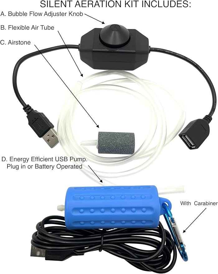 Silent USB Aquarium Air Pump | Throttle Switch | Airstone & Tube | Aeration Kit | Water Agitation | Eliminates Floating Bio Film
