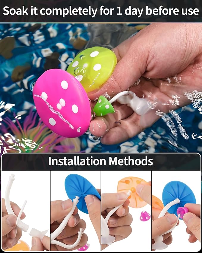 Uniclife Betta Mushroom Hammock Soft Aquarium Rest Bed Fish Breeding Playing Pad with Suction Cup Silicone Ornament Decoration Colorful Lifelike Decor for Fish Tank Landscape, 2 Pack