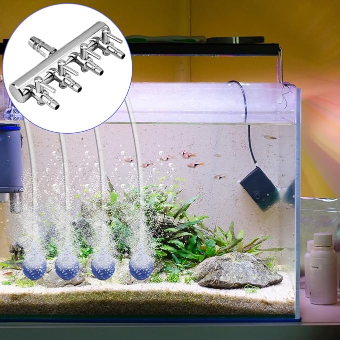 Joyzan Air Splitter Flow Control Valve, Aquarium Flow Gang Lever Pump Distributor 4 Way Stainless Steel Fish Tank Manifolds Multi Port T Shaped Line Metal Regulator Connector Airline Tubing Hose