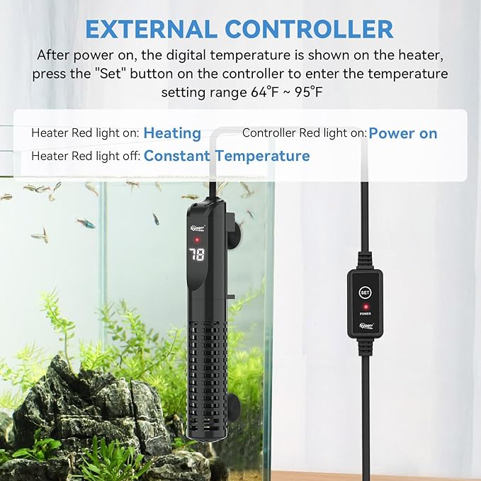 hygger Ceramic Submersible Aquarium Heater, New Explosion-Proof Fish Tank Water Heater with External Temp Controller Auto Thermostat Heater for Saltwater Freshwater (200W for 10~40 Gallon)
