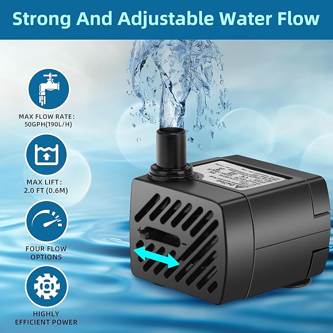 DaToo Mini Submersible Fountain Water Pump With LED Light 50GPH 3W Small Ultra Quiet Water Pump With Tubing For Aquarium Fish Tank Outdoor Pond Water Feature Fountain Statuary