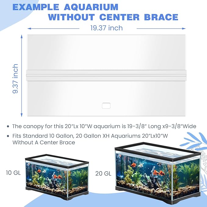 Juexica Aquarium Acrylic Canopy Set 19.37 x 9.37 x 0.28 Inch for 10/20 Gallon Without Center Brace Aquariums Cover Fish Tank Lid with a Hook Knife, Clear