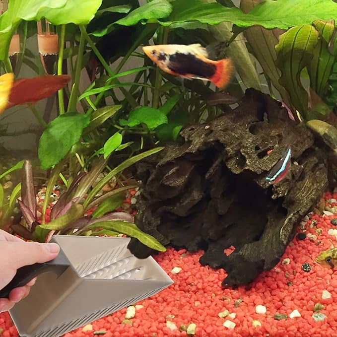 Aquarium Sand Shovel Fish Tank Sediment Scooper Plastic Substrate Cleaning Tool for Home Aquarium Maintenance with Tea Color Handle