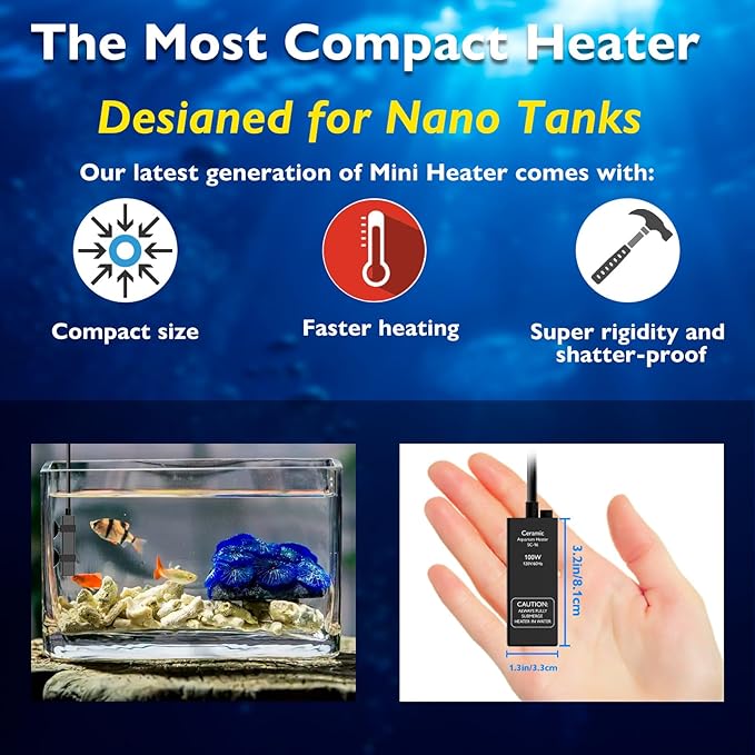 100W Small Aquarium Heater Betta Heater for 10-20 Gallon Freshwater & Saltwater Tanks, Alumina Ceramic Fish Tank Heater Turtle Heater with Dry-Run & Overheat Protection