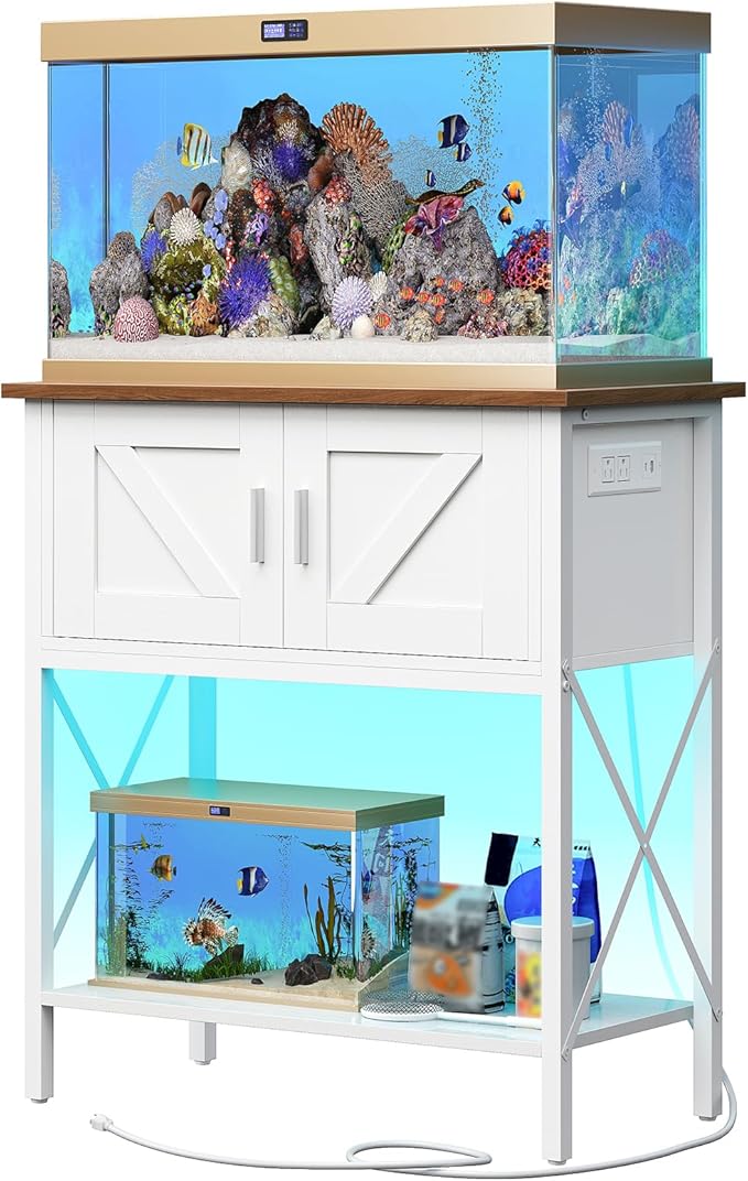 HOOBRO 20 Gallon Fish Tank Stand with Power Outlets and LED Light, Metal Frame Aquarium Stand, Reptile, Turtle Tank Stand with Cabinet Storage, 300 LBS Capacity, White and Walnut WH40UDFT01