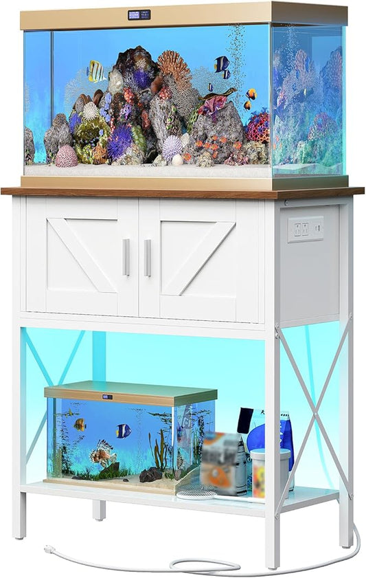 HOOBRO 20 Gallon Fish Tank Stand with Power Outlets and LED Light, Metal Frame Aquarium Stand, Reptile, Turtle Tank Stand with Cabinet Storage, 300 LBS Capacity, White and Walnut WH40UDFT01