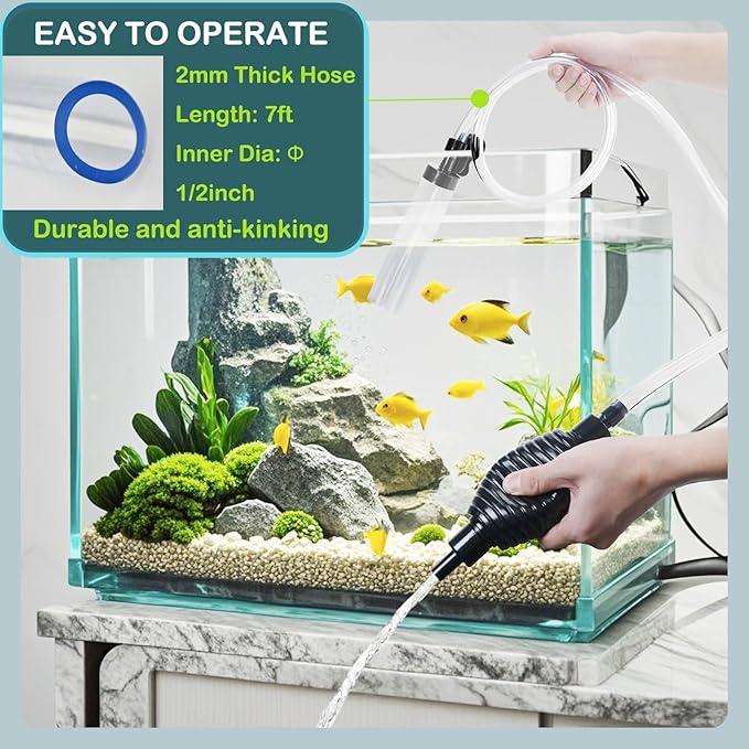 7ft Aquarium Gravel Vacuum Cleaner - Hand Pump Siphon Water Changer for Fish Tank Cleaning Gravel & Sand