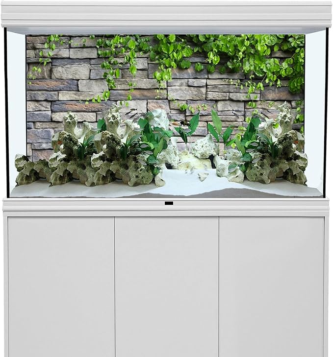 AWERT Vinyl 72x24 inches Stone Brick Wall Aquarium Background Rock Fish Tank Background Spring Leaves Terrarium Background