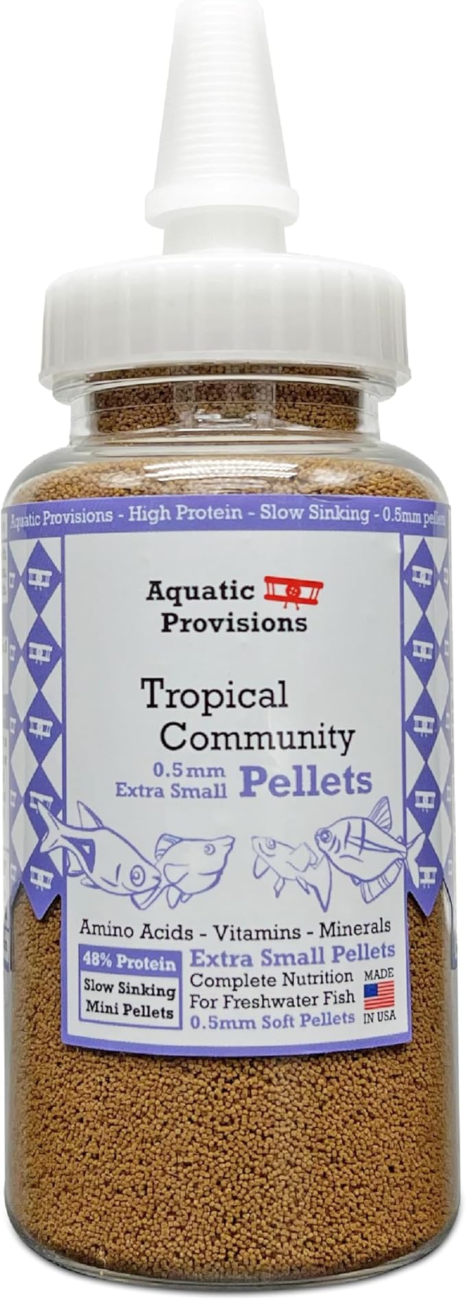 Aquatic Provisions Extra Small Fish Food Pellets 3.17 oz, Sinking 0.5mm Size, High Protein, for Tropical Community Aquariums