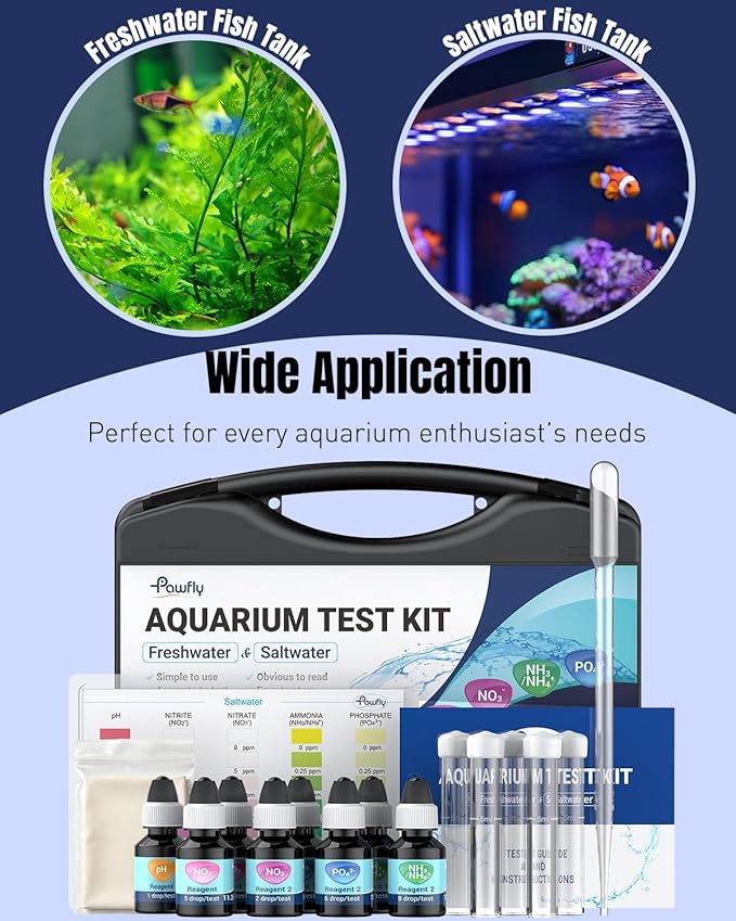 Pawfly 5 in 1 Aquarium Water Master Test Kit, Aquarium Water Test Kit Fish Tank Water Testing Kit for pH Nitrite Nitrate Ammonia & Phosphate, Aquarium Test Kit for Freshwater & Saltwater Fish Tanks