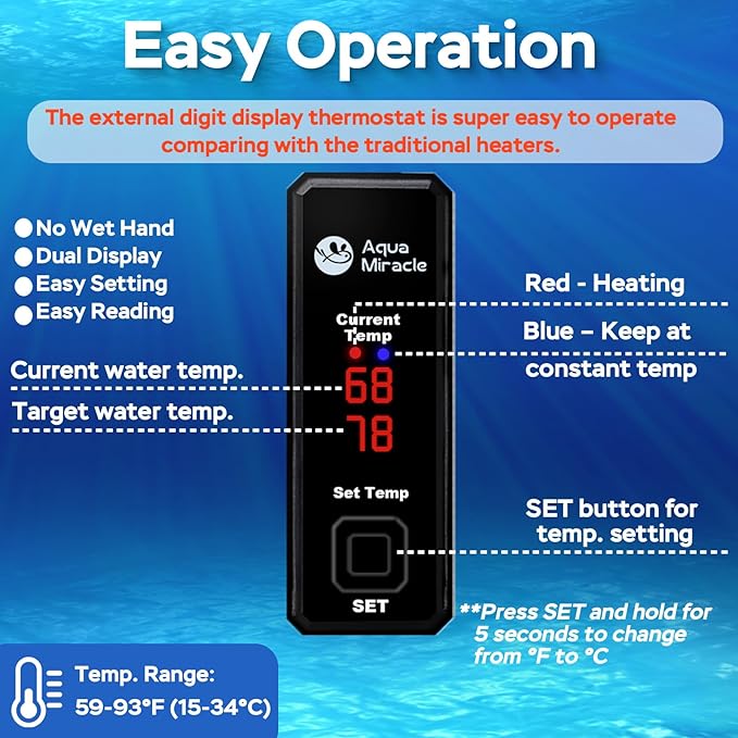 AquaMiracle 50W Small Aquarium Heater Fish Heater, Super Mini Fish Tank Heater Turtle Tank Heater for 5-10 Gal Tanks, with Dual LED Display, Dry-Run/Overheating Protection & Memory Function