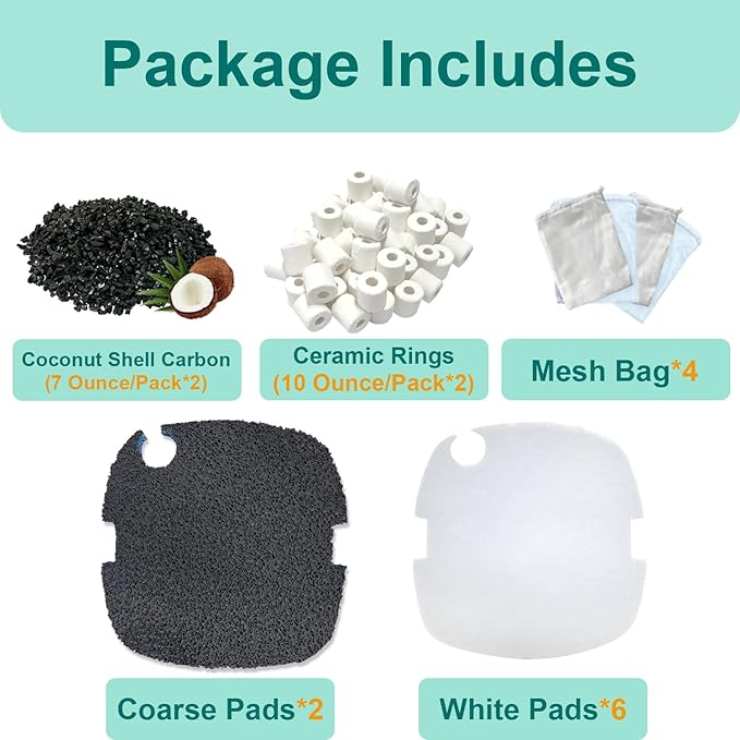 16-Set Aquarium Filter Media Kit Compatible with Marineland C-Series and Magniflow 160, 180, 220 and 250 Canister Filters, Includes Polishing Filter Pads, Ceramic Rings, Coconut Shell Carbon