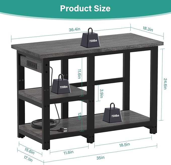AQQA 40-50 Gallon Fish Tank Stand with 5 in 1 Power Outlets, 36x18 Inch Heavy Duty Metal Frame Aquarium Stand, Adjustable Storage Shelves, 720LBS Capacity Terrarium Stand, 3 Tiers Reptile Tank Stand