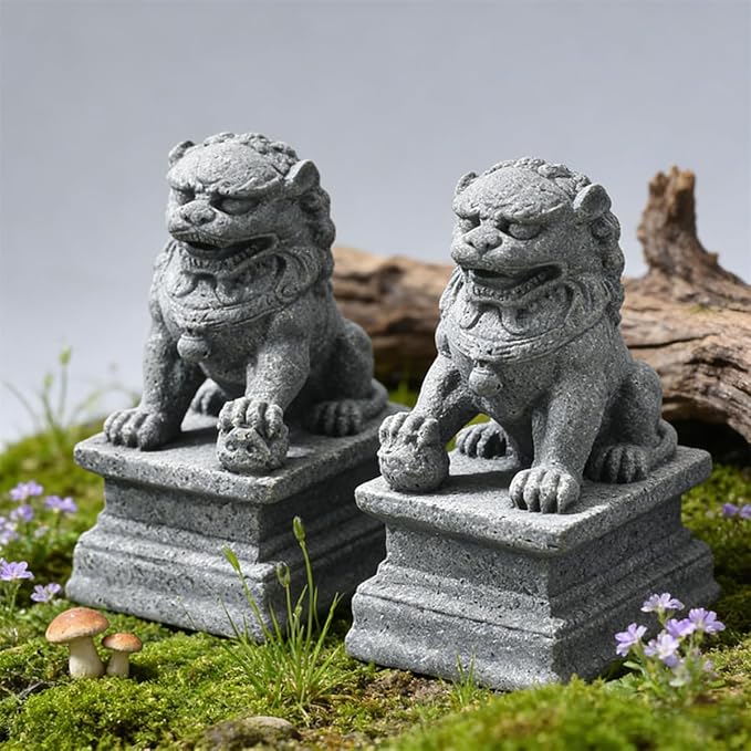 livelyfish Asian Fu Foo Dogs Statues A Pair of Two Guardian Lion Sandstone Figurine Pets Fish Tank Aquarium Landscape Ornaments Garden Feng Shui Decorations, M
