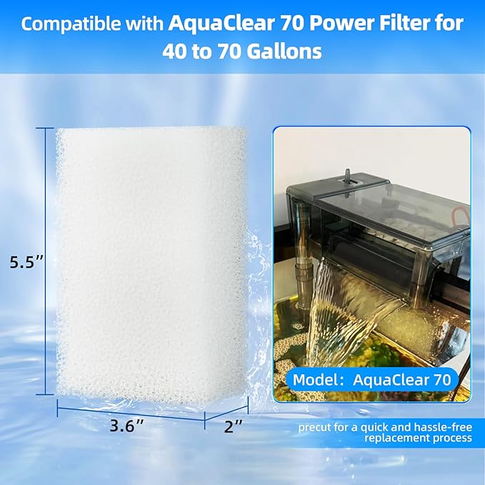AQUANEAT 6-Pack Replacement Filter Sponge Pads, Aquarium Foam Insert Compatible with AquaClear 70, Fish Tank Filter Media
