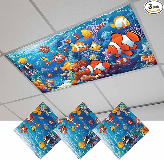 Marine Organism 3PCS Fluorescent Light Covers - Lampshade Ceiling Lights with 10 Magnets Fixtures, Underwater World Fish Coral Light Filters Cover Panel for Soften Glare Indoor Spaces Supplies