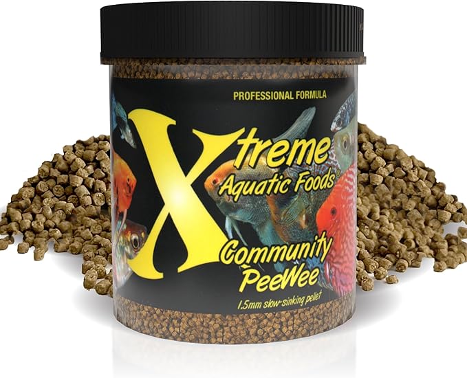 Xtreme Community Peewee 1.5mm Pellets: Slow Sinking & Ideal for Community Fish - Boosts Immune & Digestive Health, Enhances Color & Energy, Max Protein Fish Food – USA Farm Grown (5oz)