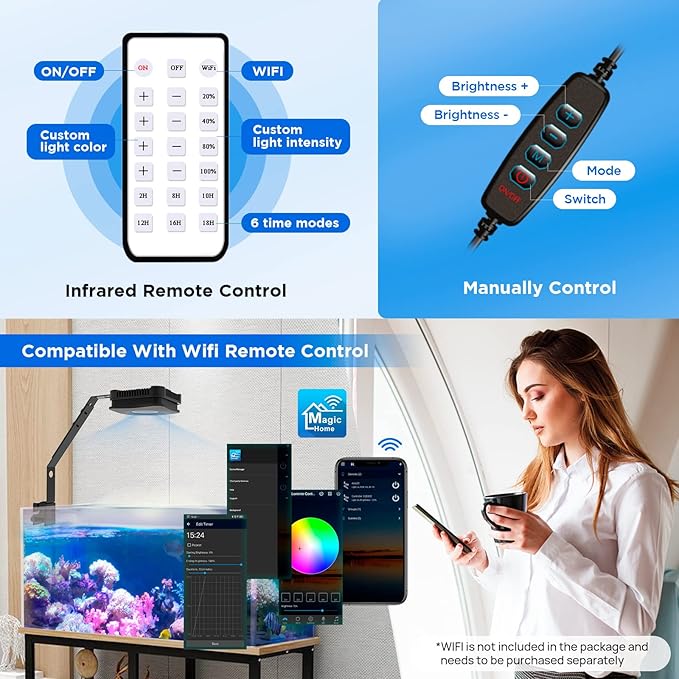 Lominie LED Aquarium Light Saltwater Aquarium Lamp 30W Full Spectrum with Remote Dimmable Nano Coral Reef Light for Fish Tank with Bracket