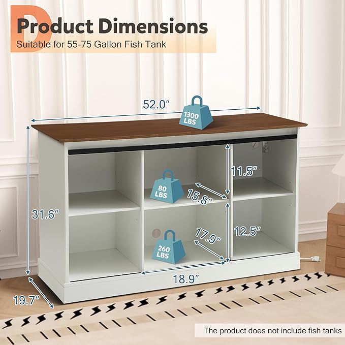 MAGIC UNION 55-75 Gallon Large Fish Tank Stand with Power Outlet, Heavy Duty Aquarium Stand with Sliding Barn Doors, Turtle Reptile Terrarium Stand with Cabinet for Accessories Storage, 1300LBS(White)