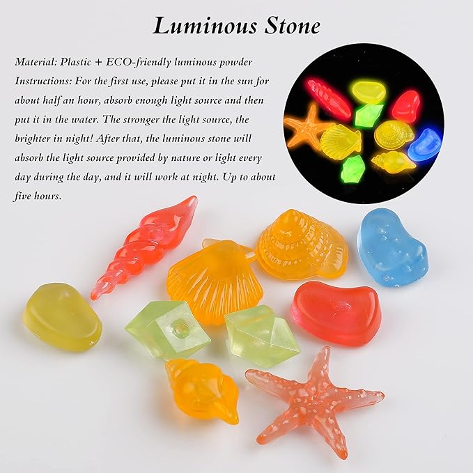 Glowing Fish Tank Decorations Glow Aquarium Decor Coral Ornaments, 2pcs Silicone Flower Plants and 10pcs Colourful Sea Shells/Luminous Stone Glow in The Dark for Aquarium Decoration
